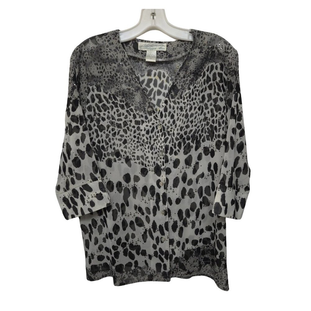 Pineapple Moon Leopard Print Sheer Blouse M 3/4 Sleeve Black White Animal